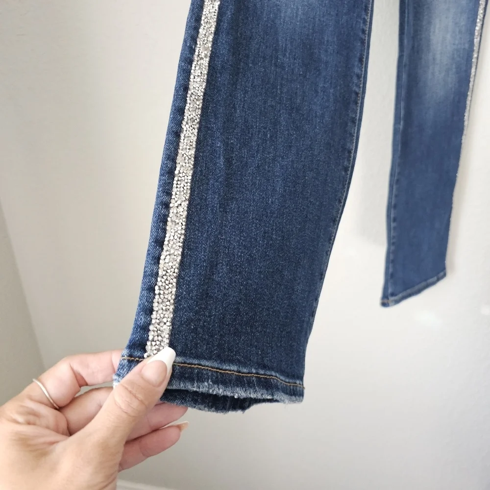 Risen High Rise Dark Wash Rhinestone Embellished Seam Straight Ankle Jeans 7/28 - Picture 6 of 13